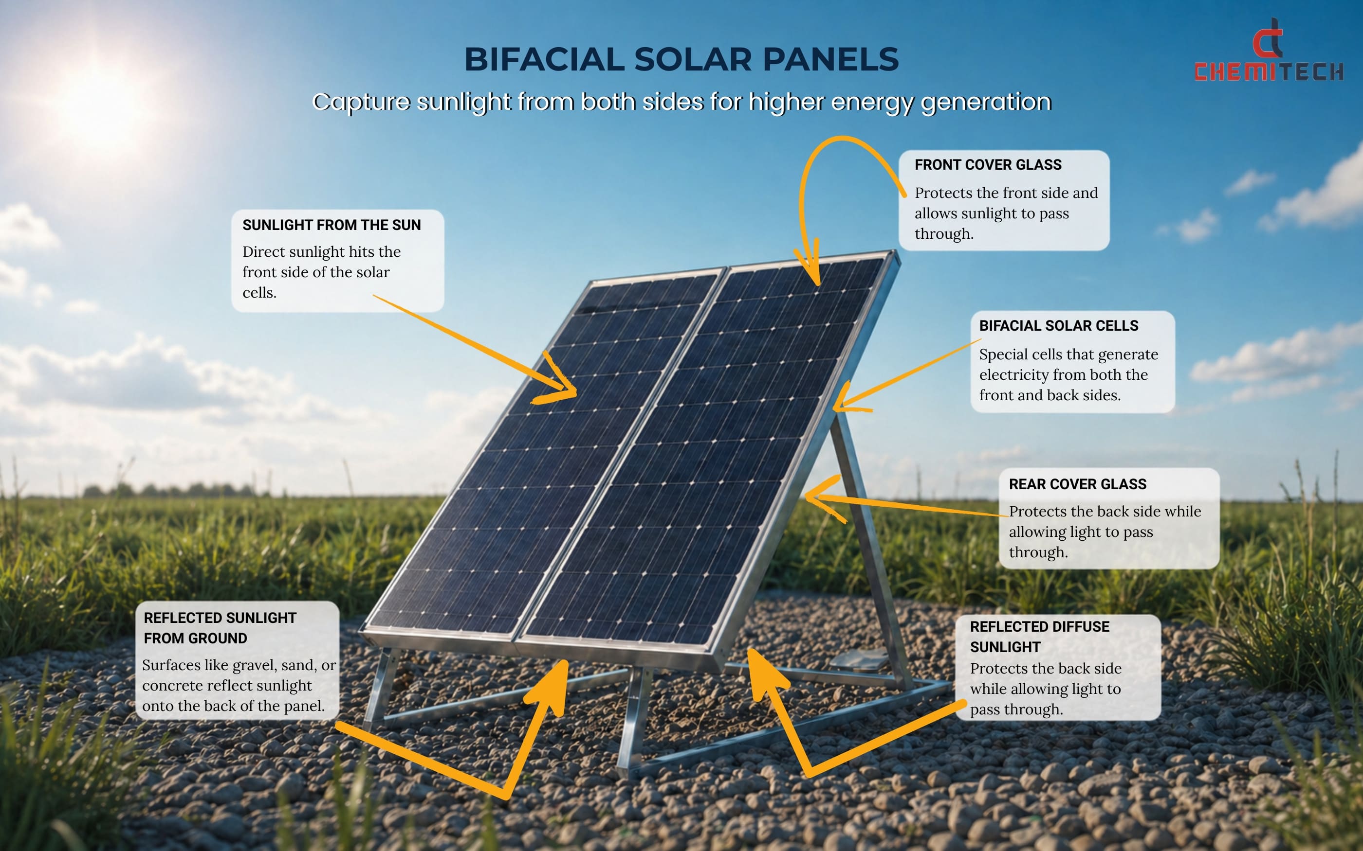 Bifacial solar panels capturing sunlight from front and reflected light from ground for higher energy generation